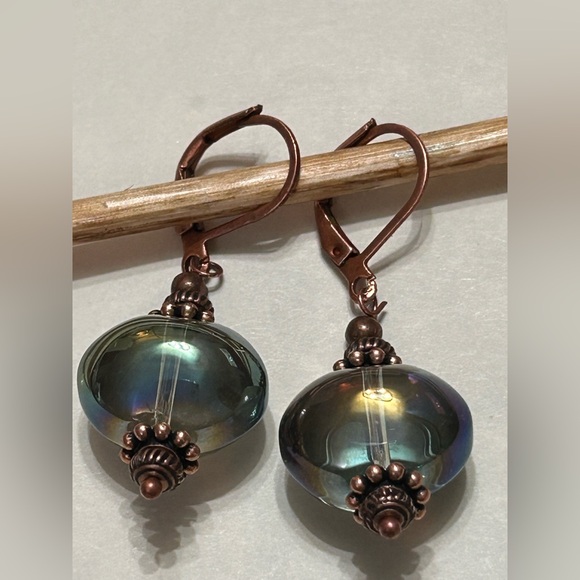 Antique Copper and Iridescent Czech Glass Earrings - Picture 5 of 12